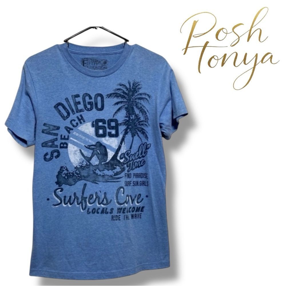 San Diego Beach Surfers Cove Graphic Tee Blue Size S Coastal Casual Beach